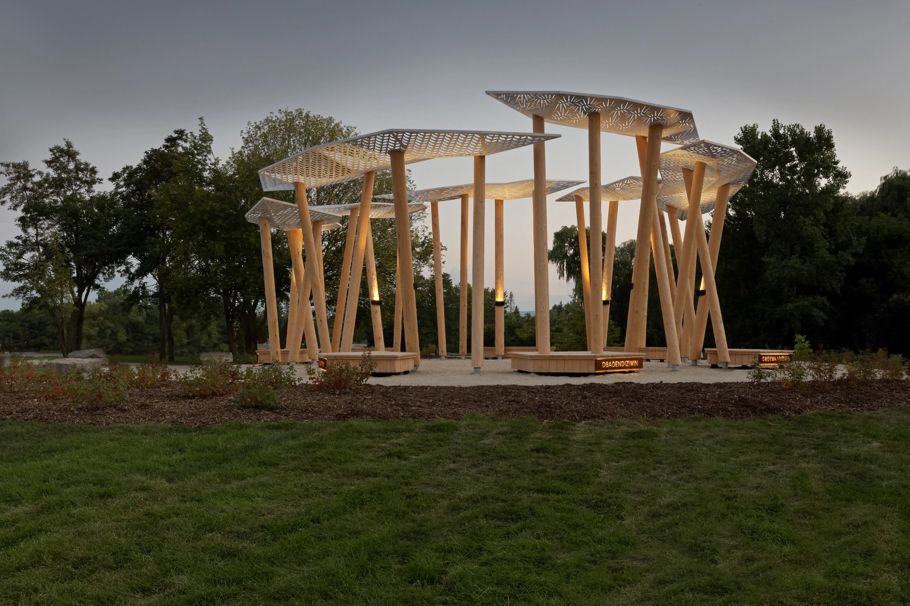 Each of the steel canopies of the Awen’ Gathering Place represents one of the Seven Ancestor Teaching and an associated level of the food forest. Photos: David Whittaker