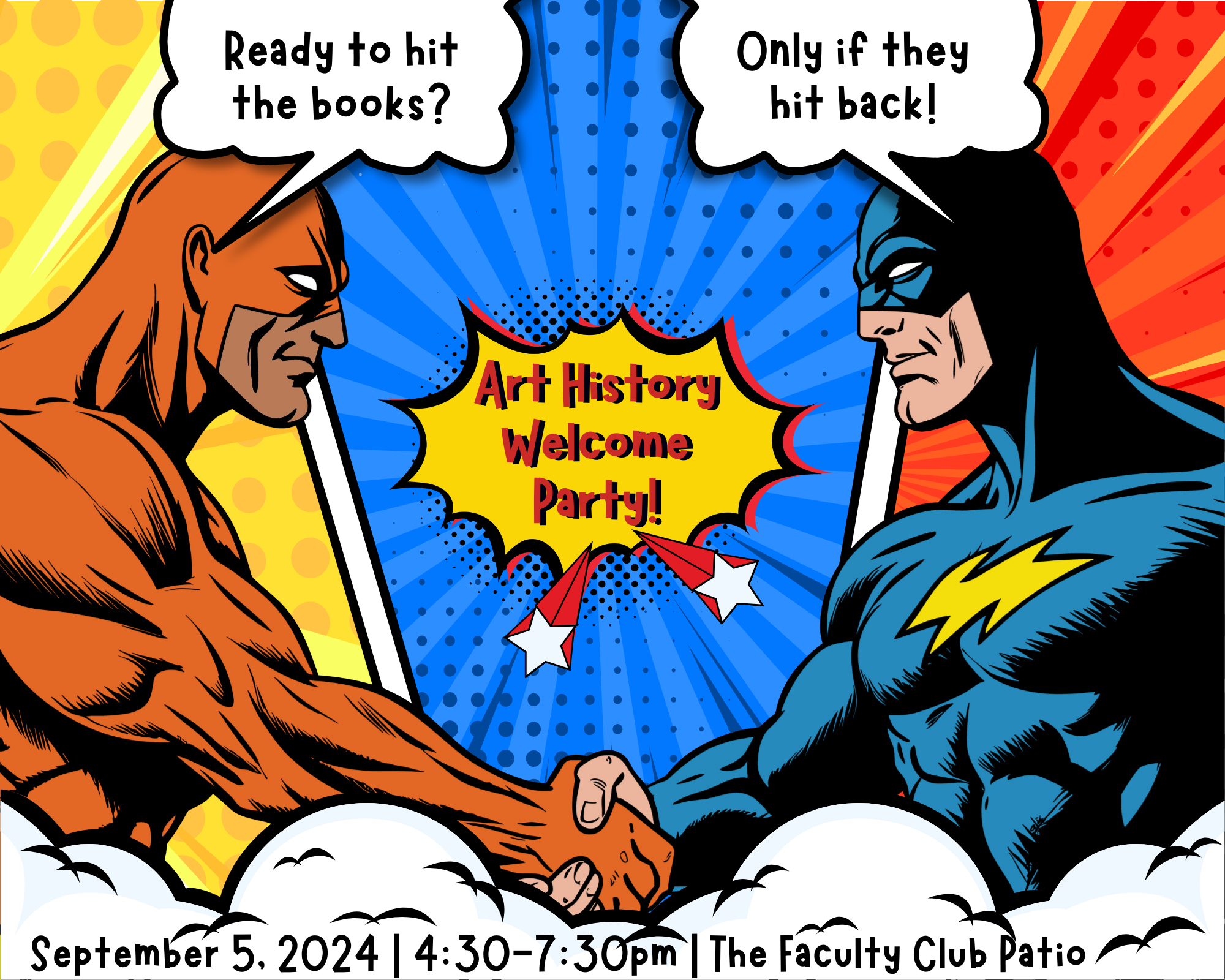 Two muscular superheroes, one on left dressed in red, one on right dressed in blue, shaking hands. The one in red quips, "Ready to hit the books?" The one in blue responds, "Only if they hit back."