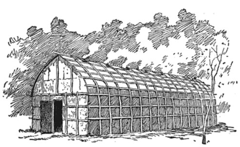 This illustration of an Iroquois Longhouse (1913) shows the curved and woven design of wooden supports. Photo: Wilbur F. Gordy