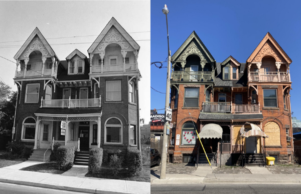 Picture of 9 &amp; 11 Spadina Road from 1976 beside a picture from the homes as they currently look