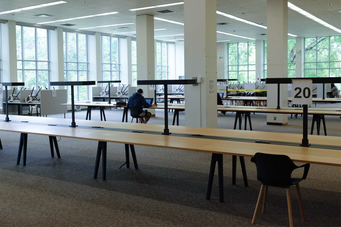Furniture in library study spaces will be spaced out or taped off to facilitate physical distancing (photo by Jesse Carliner)