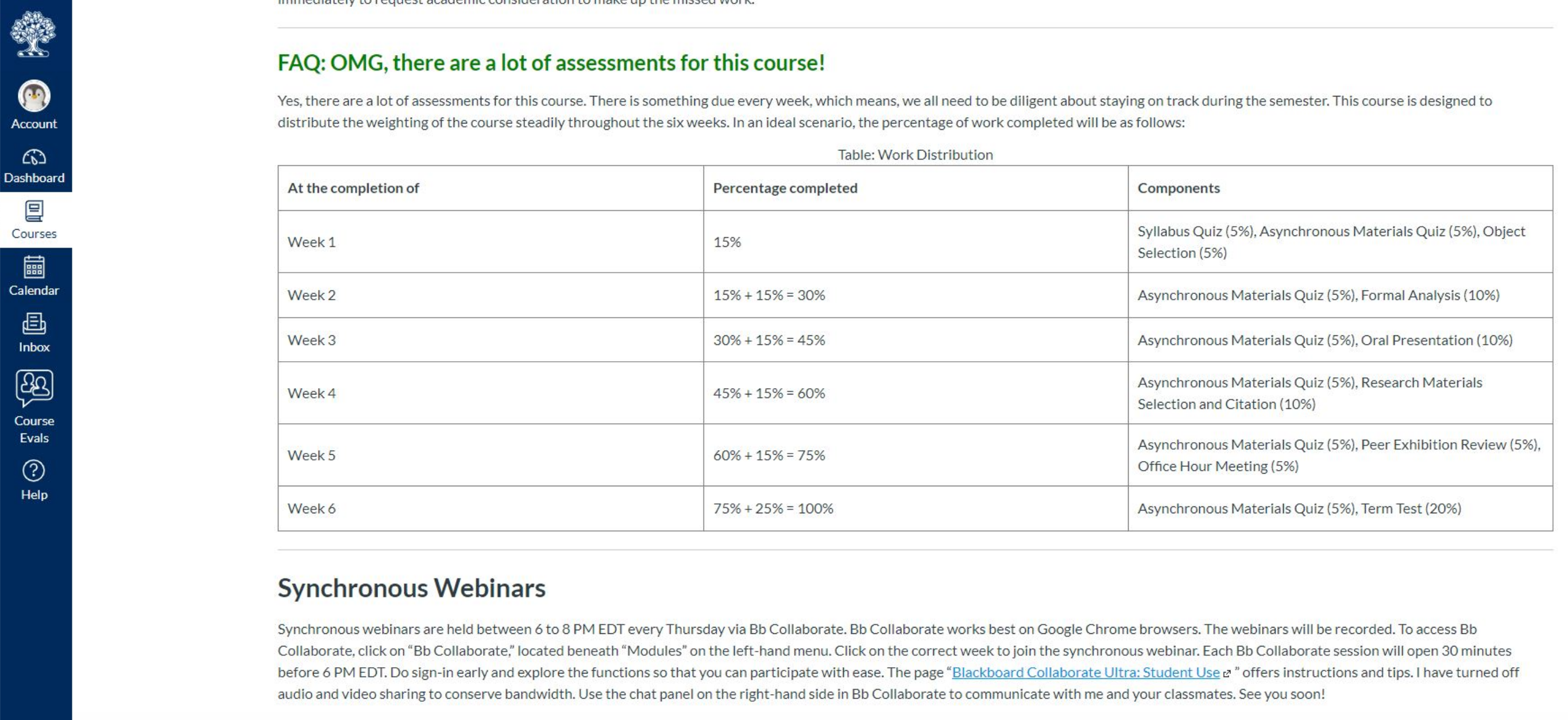 Quercus screenshot of assessment modules