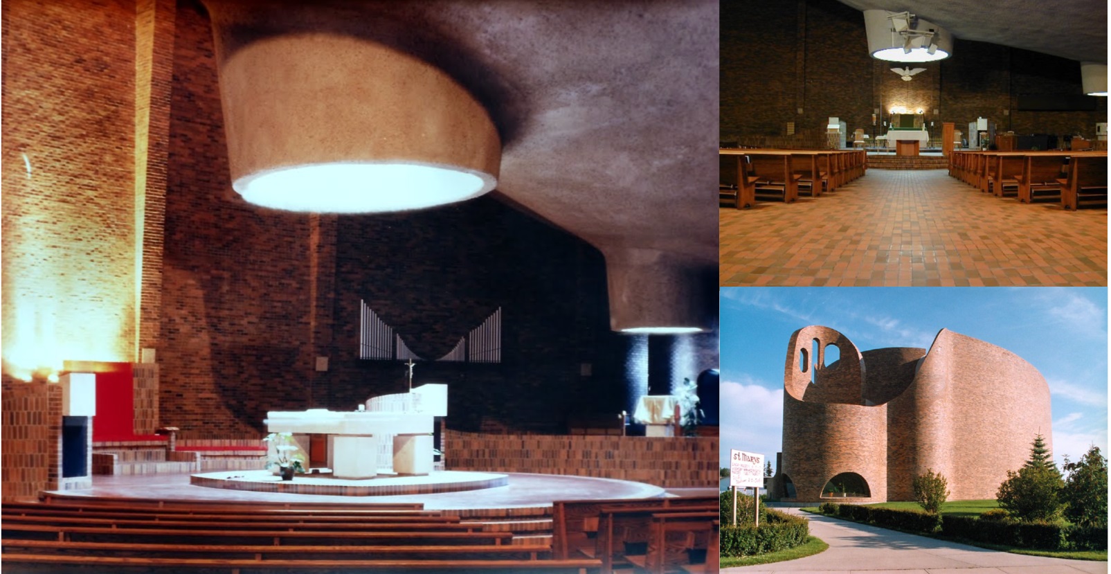 Two interior images of St Mary's Catholic Church, one exterior image