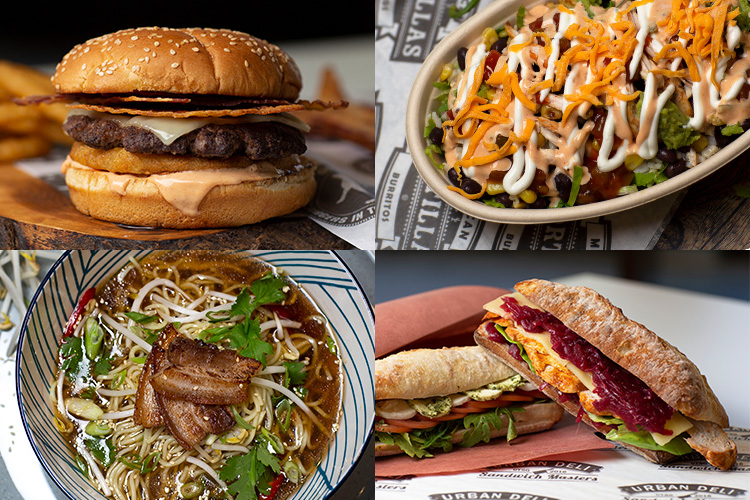 Bacon cheddar burger, burrito bowl, deli sandwiches and pork ramen (photos by Jackie Shapiro/Ancillary Services)