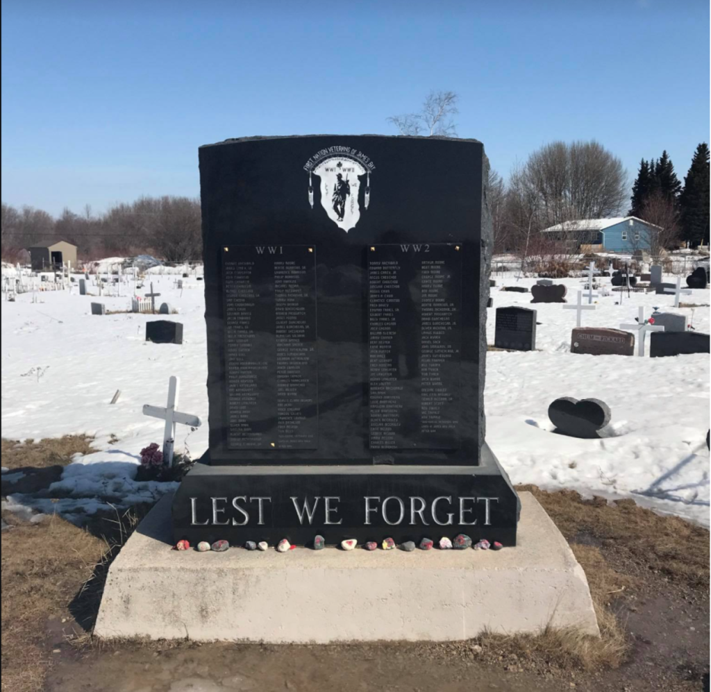 Sitting amongst the many gravestones in St. Thomas Church’s graveyard is a memorial to fallen First Nations veterans from the First and Second World Wars. Photo: Miyopin Cheechoo