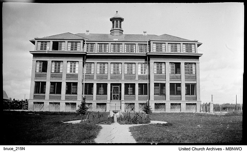 Front View of Norway House Residential School. 10.8 x 6.3 cm