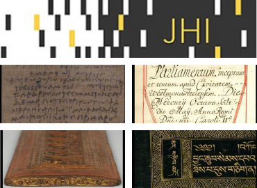 JHI logo atop four images, a piece of payrus, house of commons journal, Mahamoksa-sutra, and 11/12th century tibetan book cover
