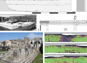Three images including photo of Temple of Apollo at Syracuse, Naxian Colossus sketch and phot, and a digital scan.