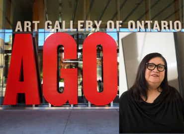 AGO logo outside the gallery juxtaposed with an image of Jolene Rickard