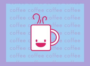 Image of a smiling coffee cup in front of coffee text wallpaper