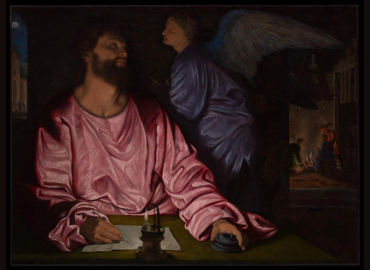 Girolamo Savoldo’s painting, Saint Matthew and the Angel, man with beard looking to his left to an angel with wings dressed in blue