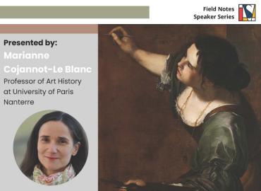 Headshot of Marianne Cojannot-Le Blanc beside painting of woman painting on a cnavas