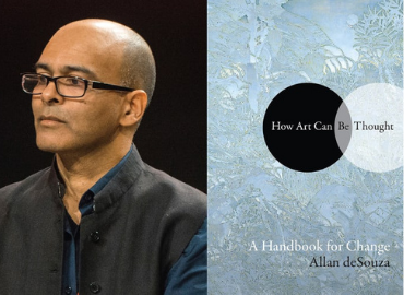 Image of Alla deSouza beside cover of his book, cover is light blue with foliage stenciled on top