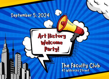 Bullhorn with text Art History Welcome Party in front of blue background and outline of a generic city skyline.