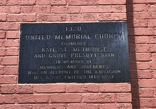 The plaque on the wall of the United Memorial Church in Halifax paying tribute to the victims of the Halifax explosion of 1917.